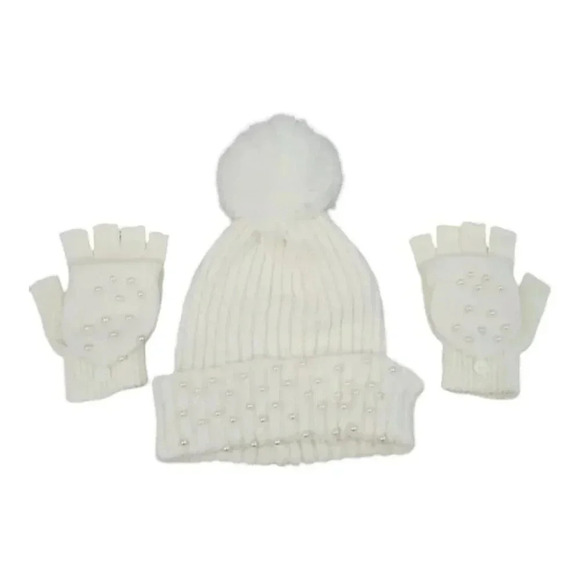 White Knit hat with Super Pom and Faux Pearl Accents Hat and Fingerles Glove set - Picture 1 of 12